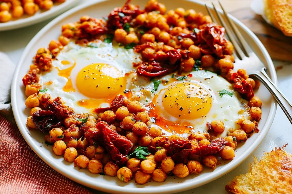 Chickpea Fried Eggs served with crispy chickpeas, sun-dried tomatoes, runny eggs, and toasted bread for a protein-rich breakfast