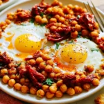 Chickpea Fried Eggs served with crispy chickpeas, sun-dried tomatoes, runny eggs, and toasted bread for a protein-rich breakfast