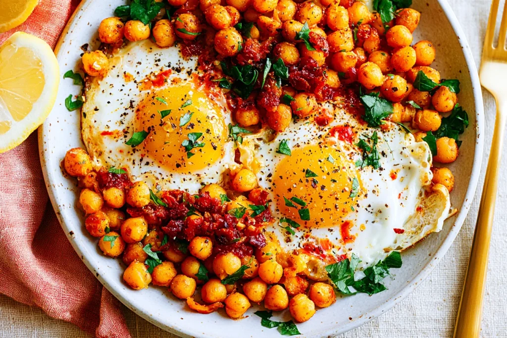 Chickpea Fried Eggs with crispy chickpeas, sun-dried tomatoes, and perfectly cooked eggs served in a skillet-style breakfast bowl