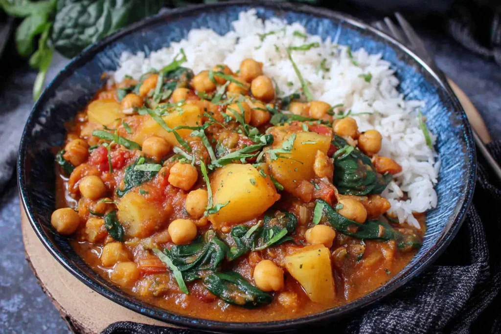 Chickpea and Potato Curry Recipe with spinach, chickpeas, and potatoes served over steamed white rice