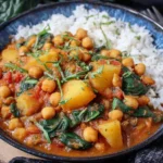 Chickpea and Potato Curry Recipe with spinach, chickpeas, and potatoes served over steamed white rice