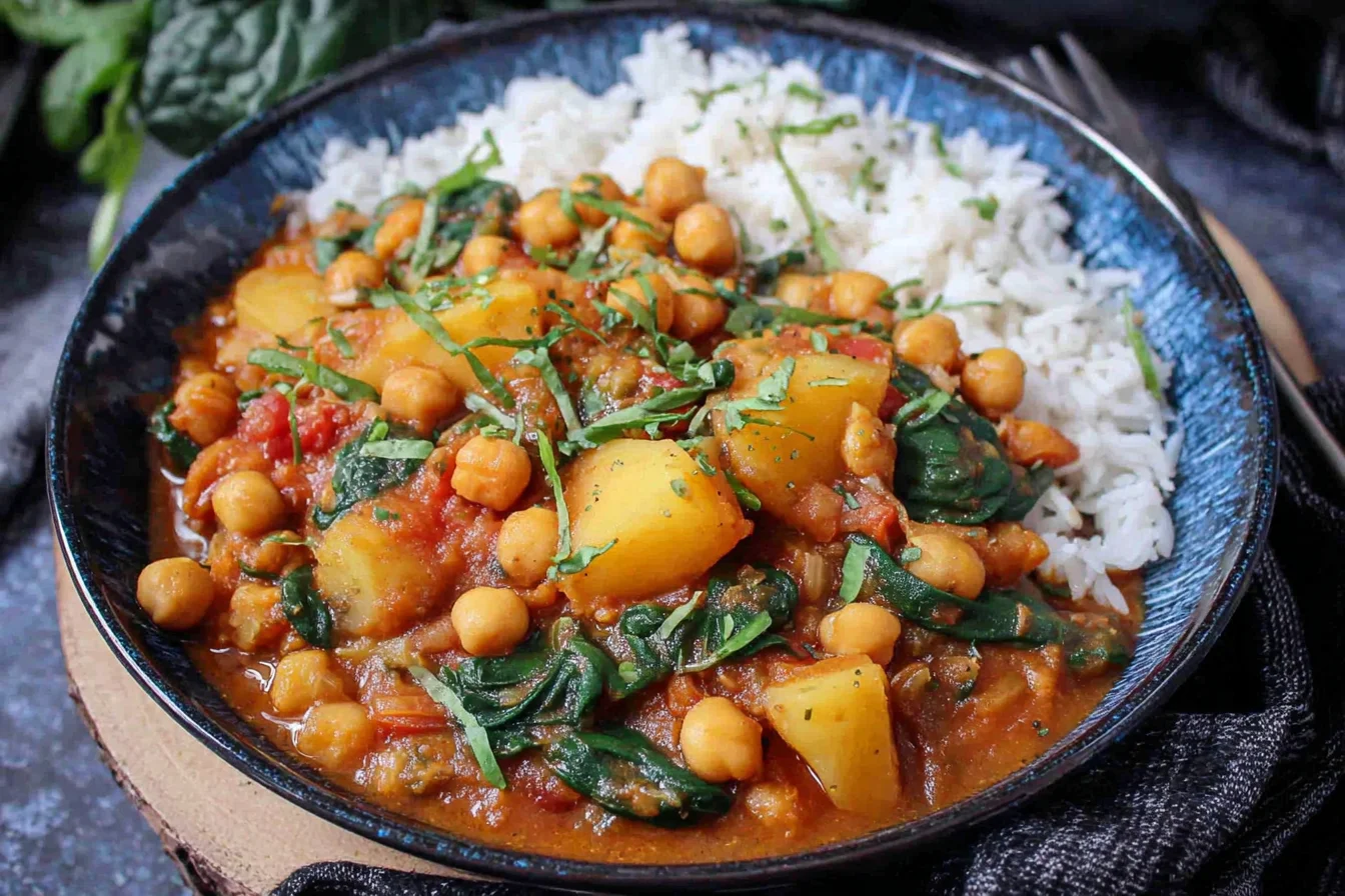 Chickpea and Potato Curry Recipe with spinach, chickpeas, and potatoes served over steamed white rice
