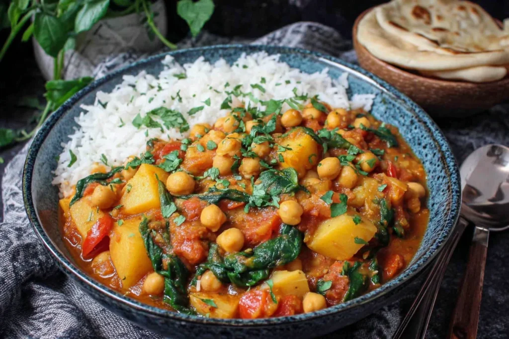 Chickpea and Potato Curry Recipe served with fluffy white rice, spinach, and aromatic spices in a rustic bowlChickpea and Potato Curry Recipe served with fluffy white rice, spinach, and aromatic spices in a rustic bowl