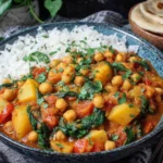 Chickpea and Potato Curry Recipe served with fluffy white rice, spinach, and aromatic spices in a rustic bowlChickpea and Potato Curry Recipe served with fluffy white rice, spinach, and aromatic spices in a rustic bowl