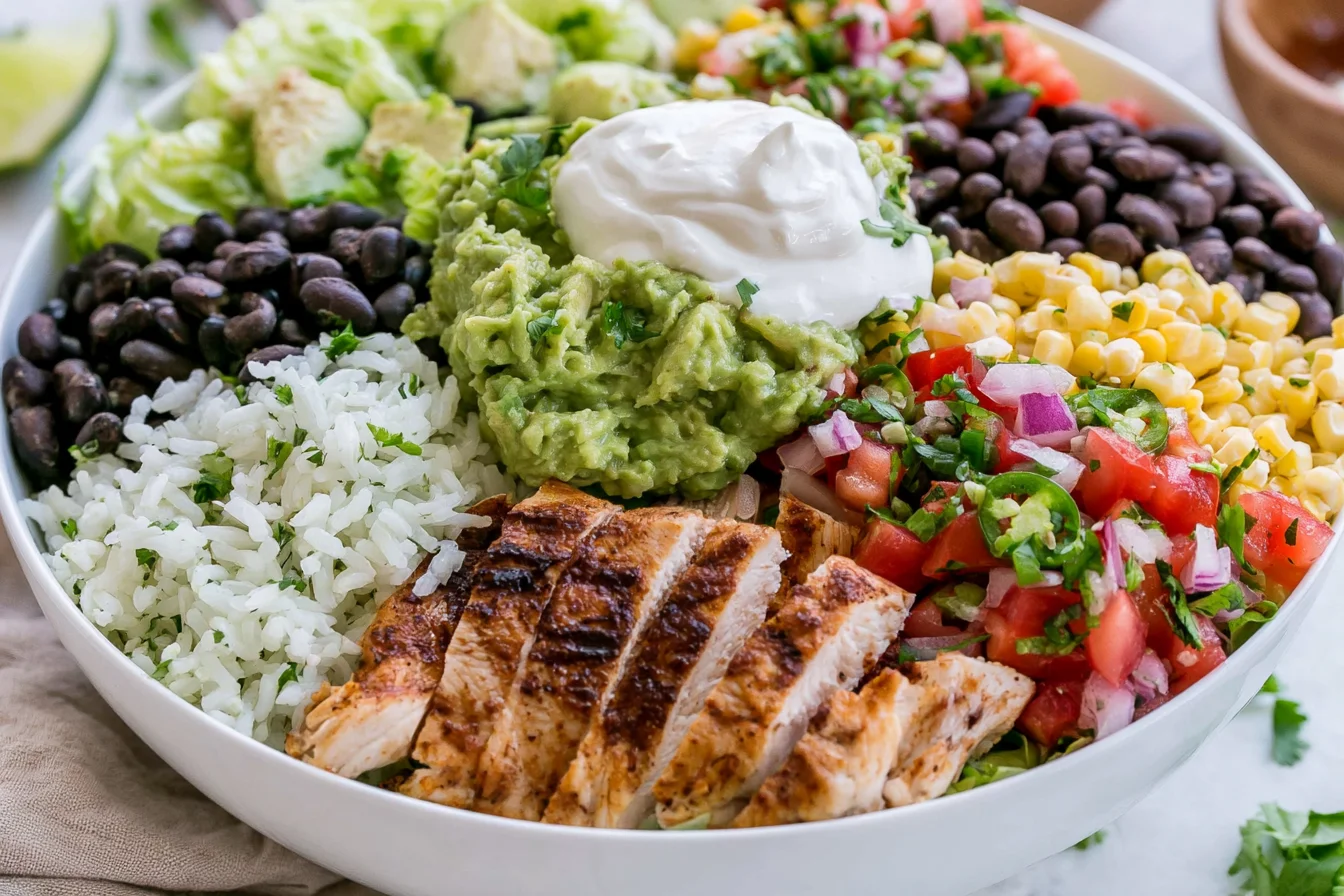 Chipotle Burrito Bowl served with grilled chicken, cilantro lime rice, guacamole, black beans, corn salsa, pico de gallo, and fresh lettuce