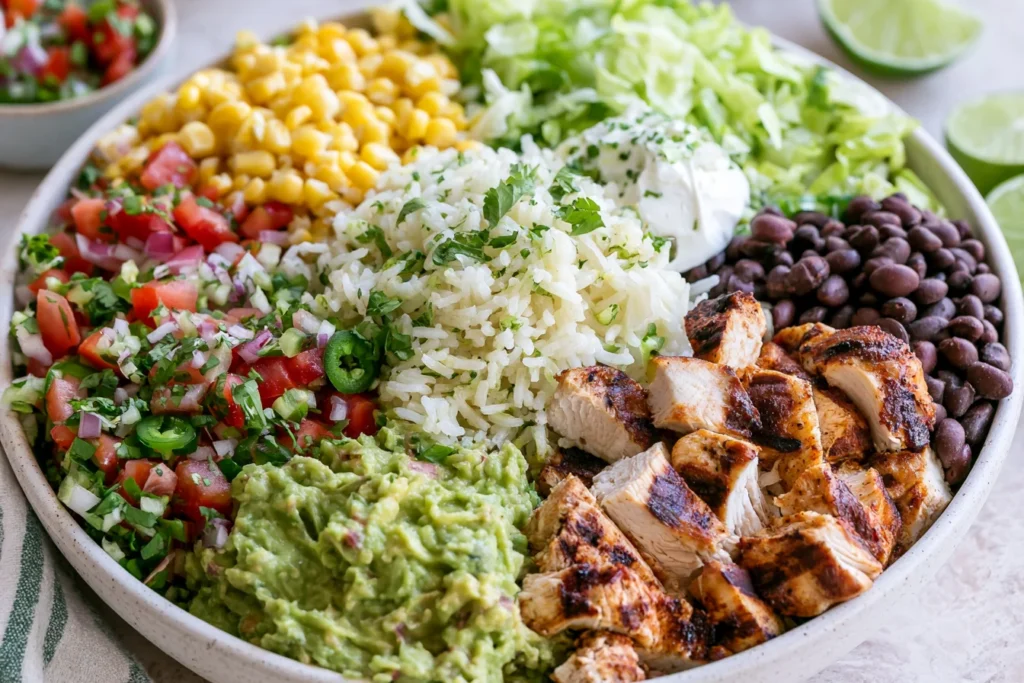 Chipotle Burrito Bowl with grilled chicken, cilantro lime rice, black beans, fresh tomato salsa, corn salsa, guacamole, and sour cream
