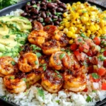 Chipotle Lime Shrimp Bowl topped with avocado, charred corn, black beans, pico de gallo, and seasoned shrimp