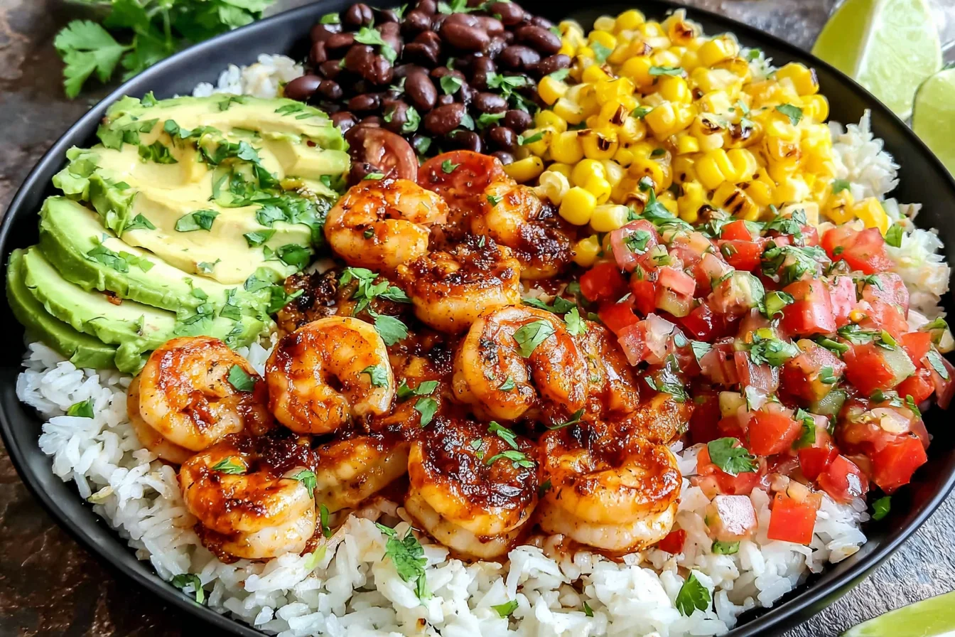 Chipotle Lime Shrimp Bowl topped with avocado, charred corn, black beans, pico de gallo, and seasoned shrimp