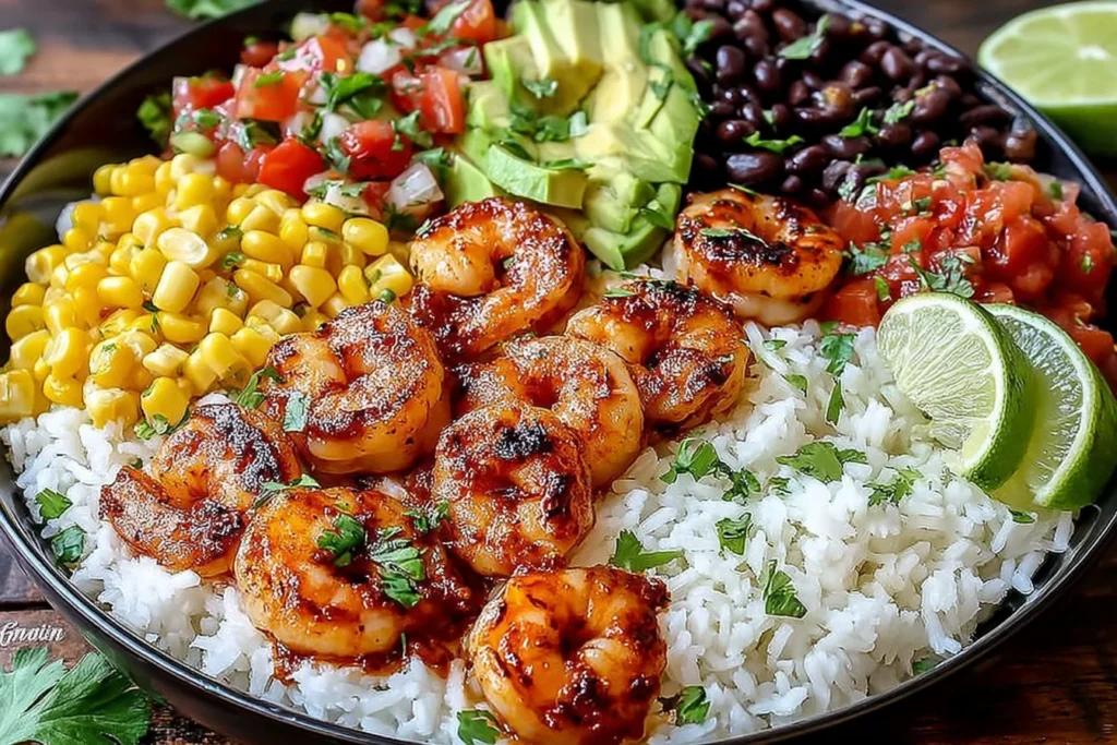 Chipotle Lime Shrimp Bowl with rice, avocado, black beans, corn, fresh salsa, and lime wedges