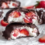 Chocolate Strawberry Yogurt Clusters stacked on parchment paper with fresh strawberries and a crunchy chocolate coating