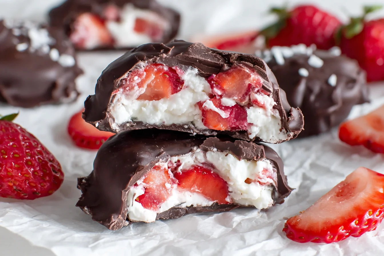 Chocolate Strawberry Yogurt Clusters stacked on parchment paper with fresh strawberries and a crunchy chocolate coating