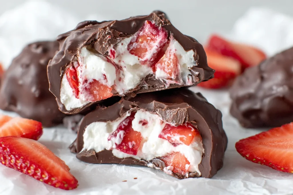 Chocolate Strawberry Yogurt Clusters cut open to reveal creamy Greek yogurt and fresh strawberries inside a crisp chocolate shell