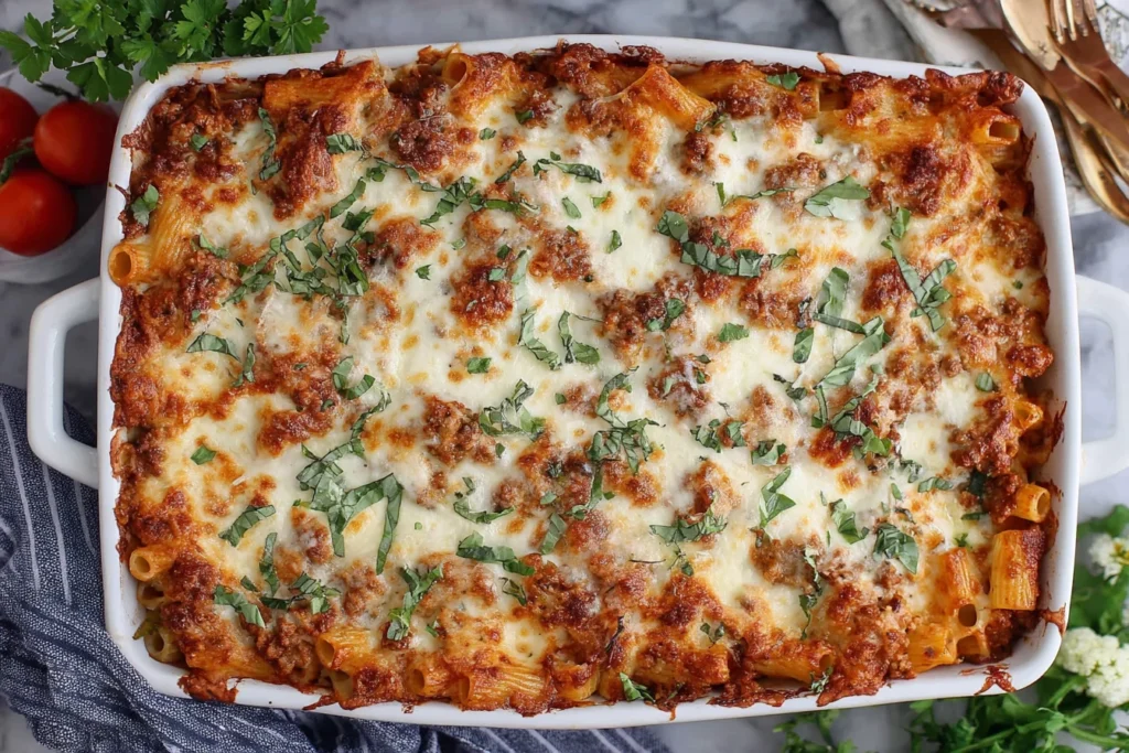 Classic Baked Ziti baked in a casserole dish with golden melted cheese, meat sauce, and fresh basil garnish
