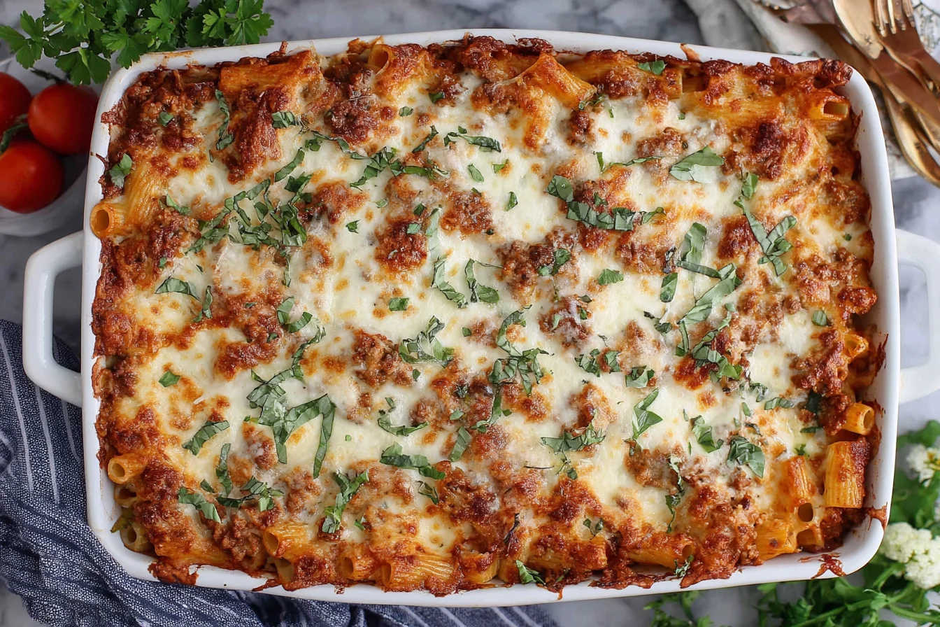 Classic Baked Ziti baked in a casserole dish with golden melted cheese, meat sauce, and fresh basil garnish