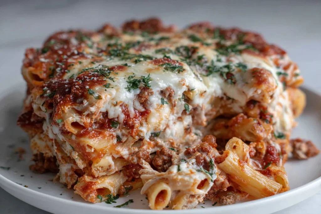 Classic Baked Ziti served on a plate with layers of pasta, meat sauce, ricotta, mozzarella, and Parmesan cheese