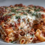 Classic Baked Ziti served on a plate with layers of pasta, meat sauce, ricotta, mozzarella, and Parmesan cheese