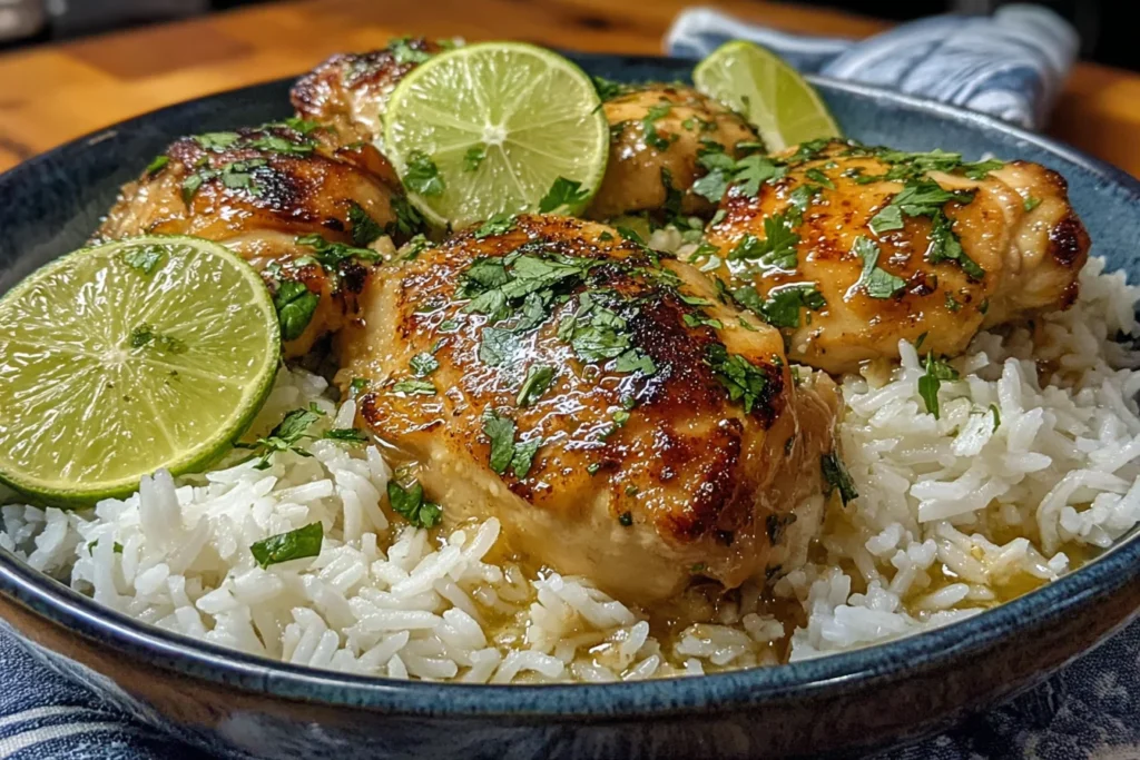 Coconut Lime Chicken and Rice Recipe featuring caramelized chicken thighs, coconut rice, fresh cilantro, and lime wedges