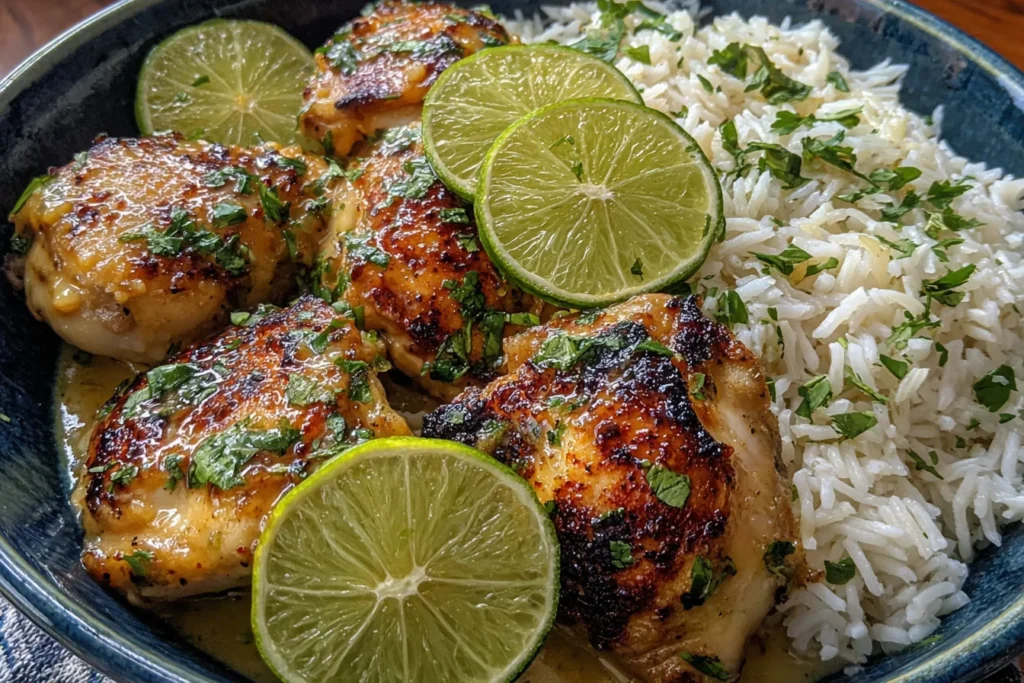 Coconut Lime Chicken and Rice Recipe served with juicy glazed chicken thighs, fluffy basmati rice, fresh cilantro, and lime slices