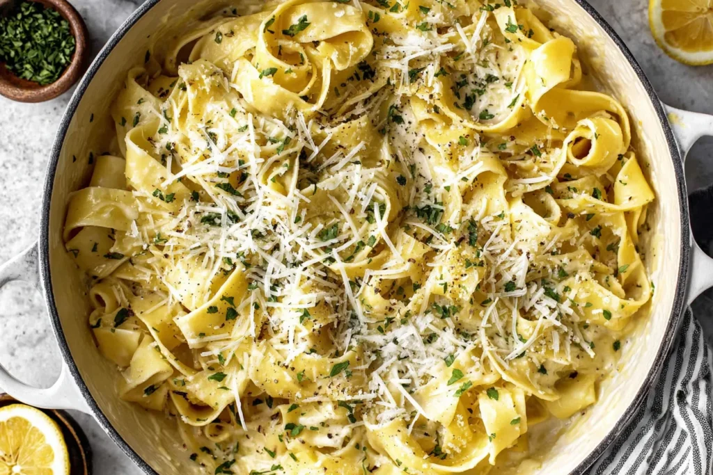 Creamy Lemon Pasta with pappardelle noodles, grated Parmesan, and fresh herbs in a skillet
