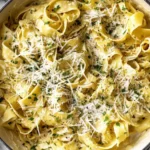 Creamy Lemon Pasta with pappardelle noodles, grated Parmesan, and fresh herbs in a skillet