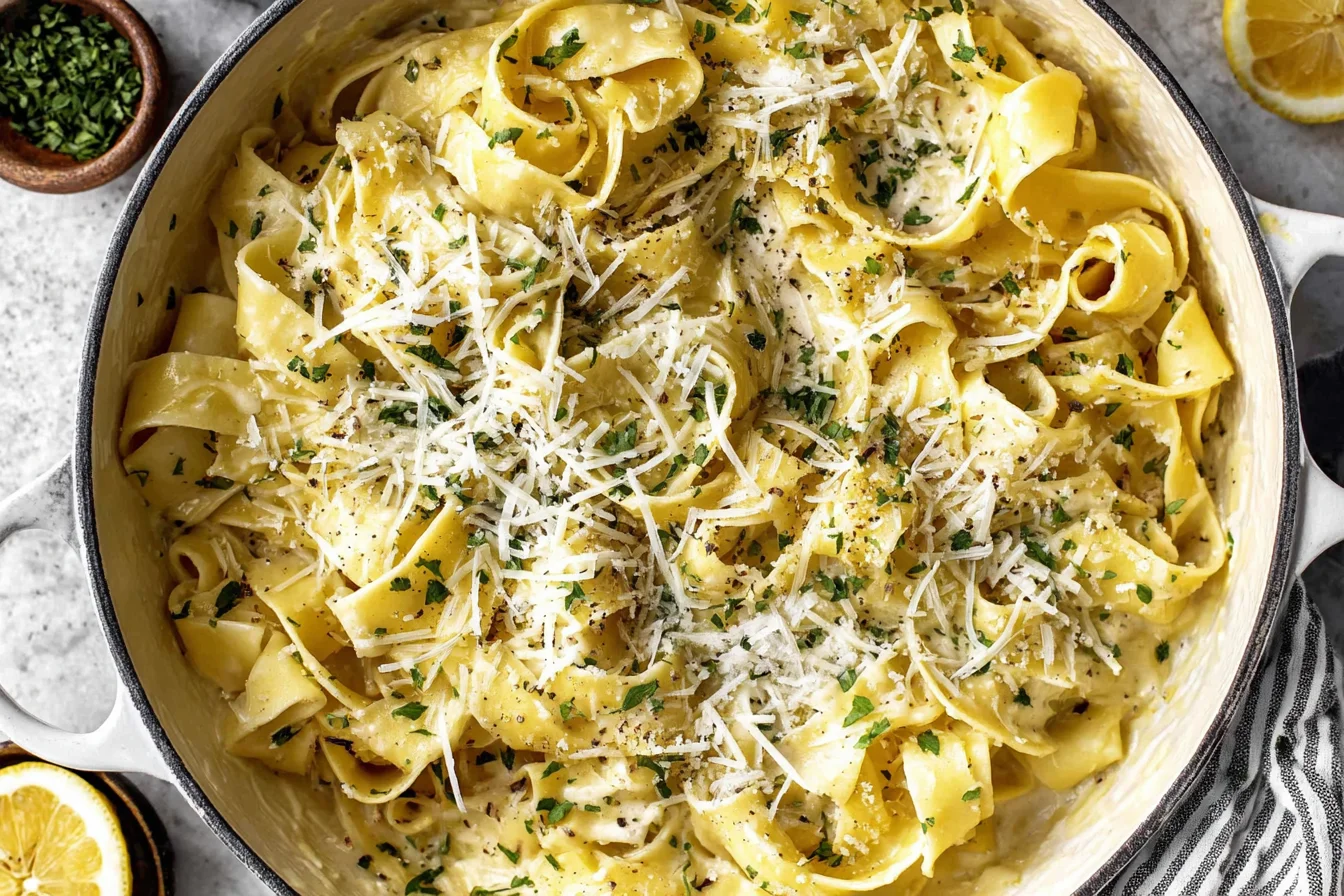 Creamy Lemon Pasta with pappardelle noodles, grated Parmesan, and fresh herbs in a skillet