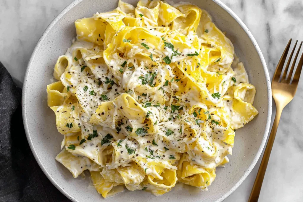 Creamy Lemon Pasta served in a bowl with pappardelle noodles, Parmesan cheese, fresh parsley, and a rich lemon cream sauce