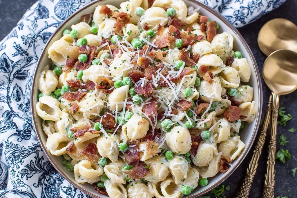 Creamy Pasta Salad Recipe served with bacon, green peas, parmesan, and creamy shell pasta for a classic summer side dish