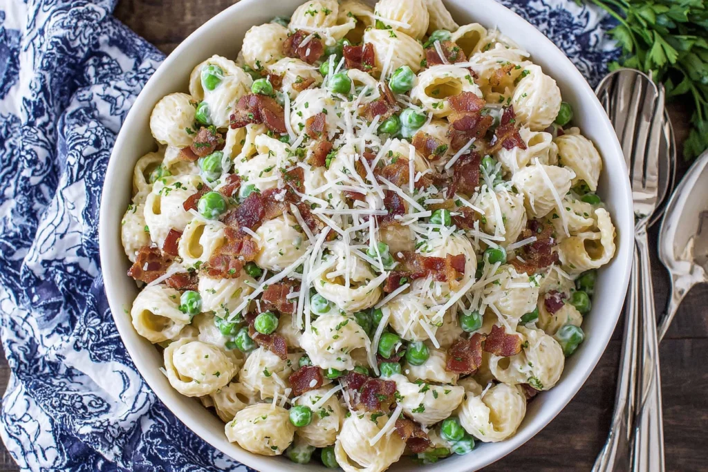 Creamy Pasta Salad Recipe with crispy bacon, sweet peas, parmesan cheese, and shell pasta in a creamy dressing