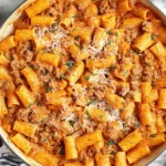 Creamy Sausage Rigatoni Pasta Recipe served in a skillet with Italian sausage, Parmesan cheese, and fresh basil