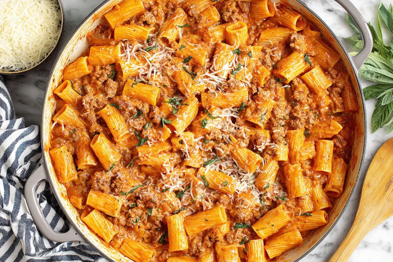 Creamy Sausage Rigatoni Pasta Recipe served in a skillet with Italian sausage, Parmesan cheese, and fresh basil