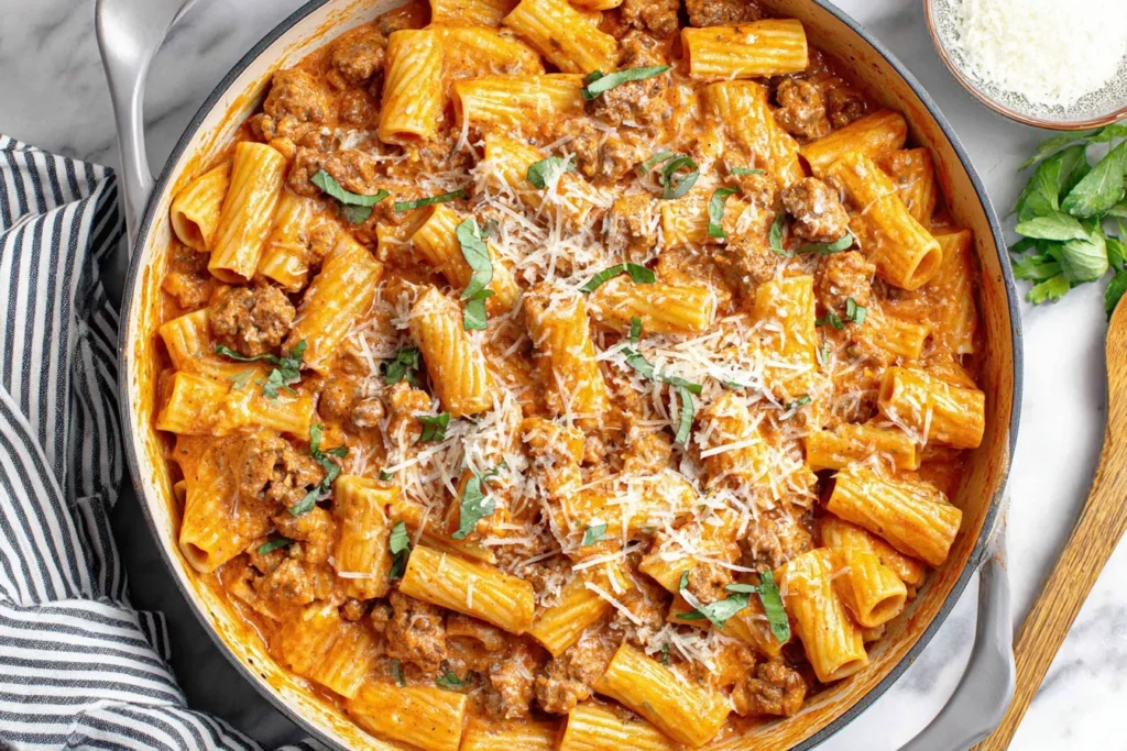Creamy Sausage Rigatoni Pasta Recipe topped with Parmesan cheese and fresh basil in a creamy tomato sauce