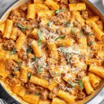 Creamy Sausage Rigatoni Pasta Recipe topped with Parmesan cheese and fresh basil in a creamy tomato sauce