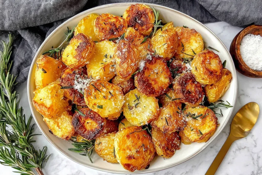 Crispy Roast Potatoes with Rosemary and Garlic arranged on a serving platter with fresh rosemary and flaky sea salt.