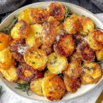 Crispy Roast Potatoes with Rosemary and Garlic arranged on a serving platter with fresh rosemary and flaky sea salt.