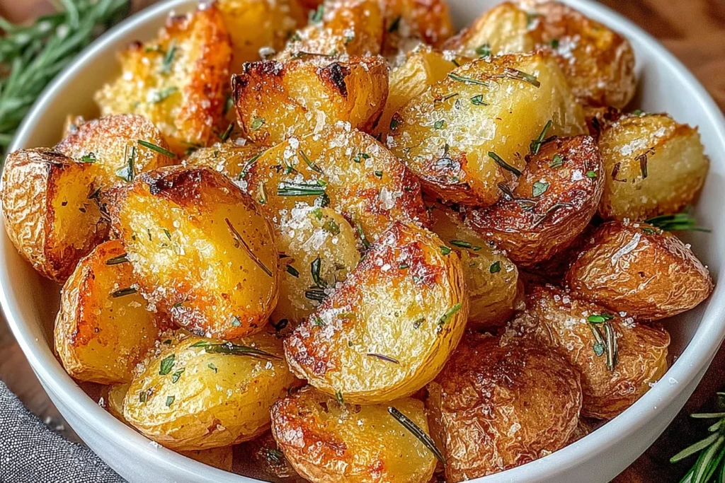 Crispy Roast Potatoes with Rosemary and Garlic served in a bowl, featuring golden crunchy edges, fluffy centers, and fresh rosemary.