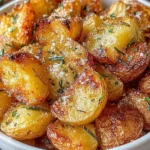 Crispy Roast Potatoes with Rosemary and Garlic served in a bowl, featuring golden crunchy edges, fluffy centers, and fresh rosemary.