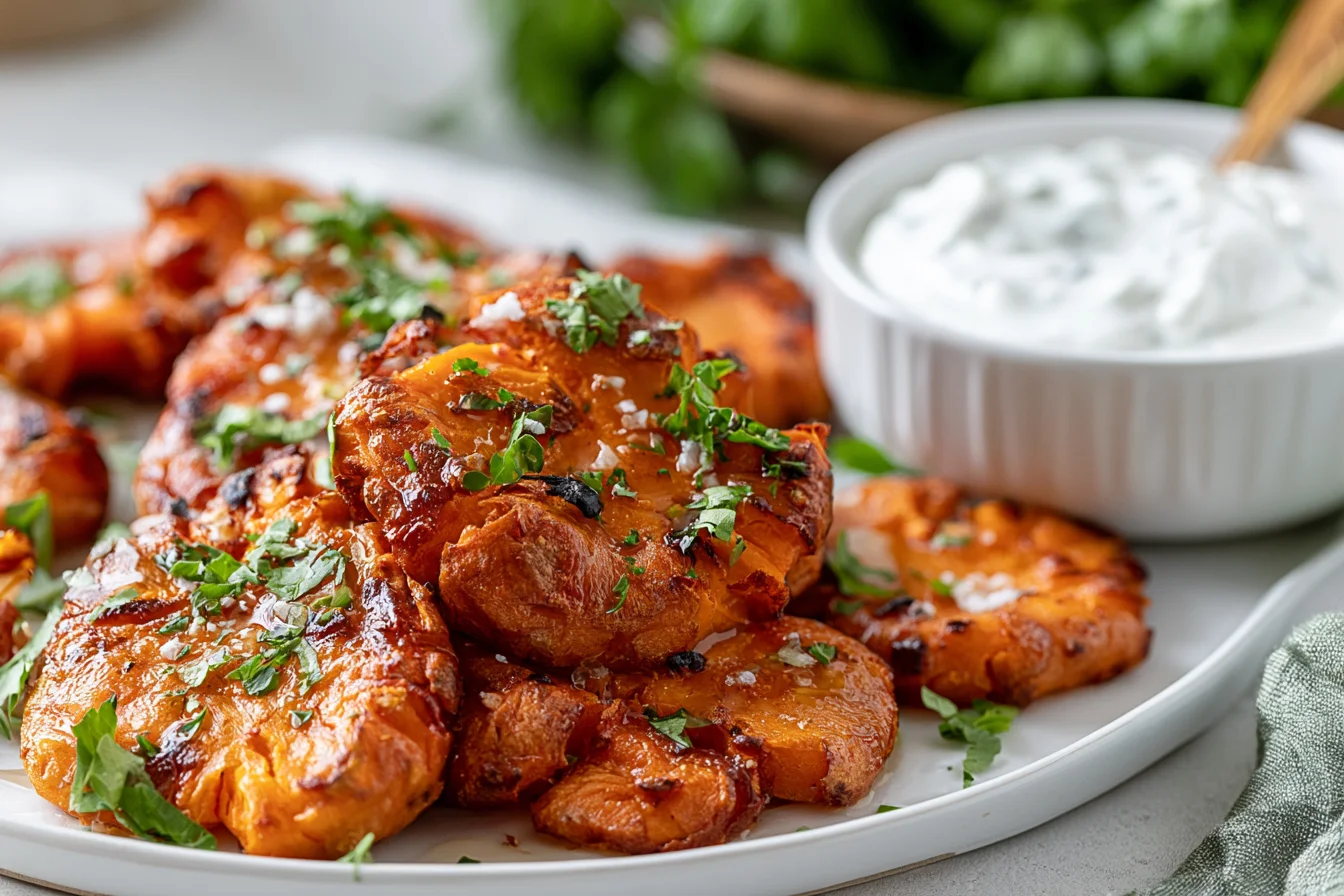 Crispy Smashed Sweet Potatoes with honey glaze, sea salt, and garlic yogurt sauce