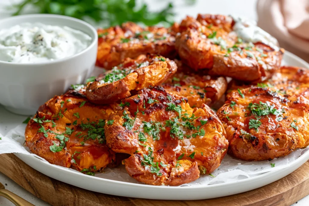 Crispy Smashed Sweet Potatoes served with creamy garlic yogurt sauce and fresh herbs