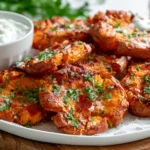 Crispy Smashed Sweet Potatoes served with creamy garlic yogurt sauce and fresh herbs