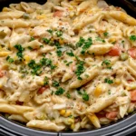 Crock Pot Chicken Pot Pie Pasta with shredded chicken, penne pasta, mixed vegetables, and creamy cheese sauce in a slow cooker.