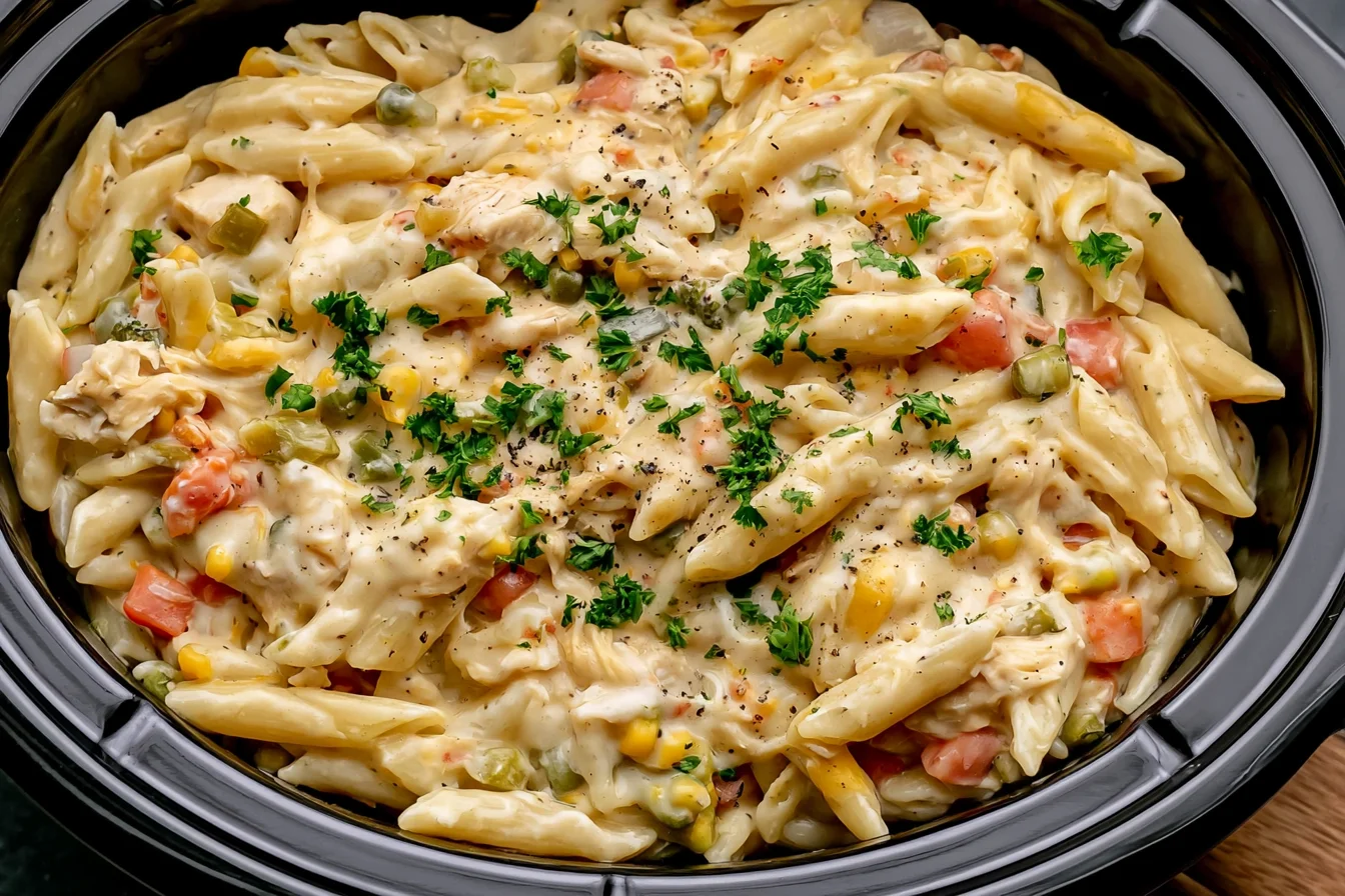Crock Pot Chicken Pot Pie Pasta with shredded chicken, penne pasta, mixed vegetables, and creamy cheese sauce in a slow cooker.