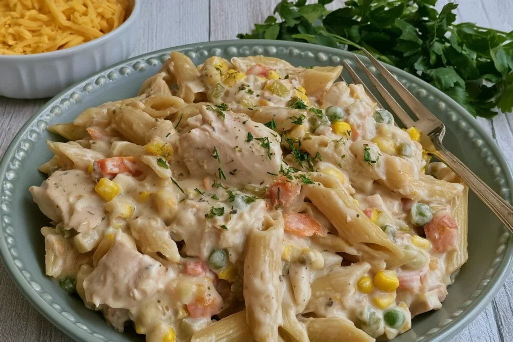 Crock Pot Chicken Pot Pie Pasta served on a plate with shredded chicken, penne pasta, mixed vegetables, and creamy sauce.