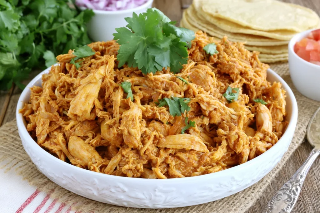Crock Pot Chicken Taco Meat made with tender shredded chicken, taco seasoning, and butter in a serving bowl