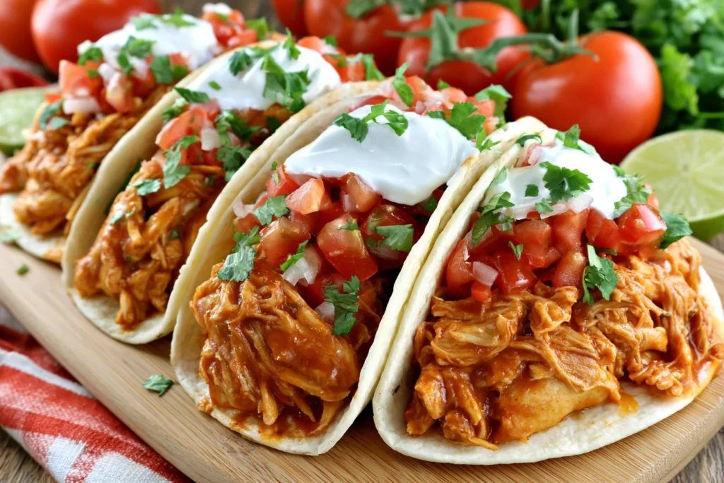 Crock Pot Chicken Taco Meat served in soft tortillas with sour cream, fresh tomatoes, and cilantro