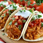 Crock Pot Chicken Taco Meat served in soft tortillas with sour cream, fresh tomatoes, and cilantro