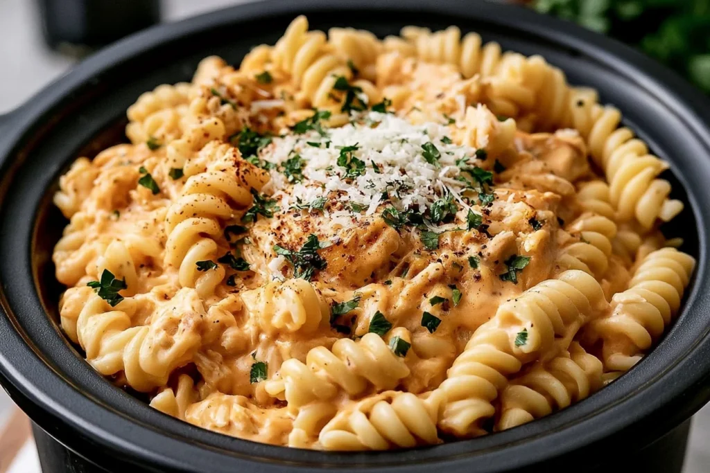 Crockpot Chicken Pasta with shredded chicken, rotini pasta, Parmesan cheese, and parsley served in a slow cooker