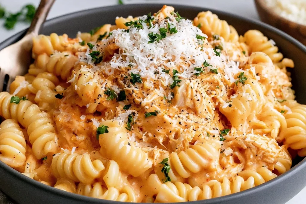 Crockpot Chicken Pasta topped with freshly grated Parmesan cheese and parsley in a grey serving bowl
