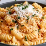 Crockpot Chicken Pasta topped with freshly grated Parmesan cheese and parsley in a grey serving bowl