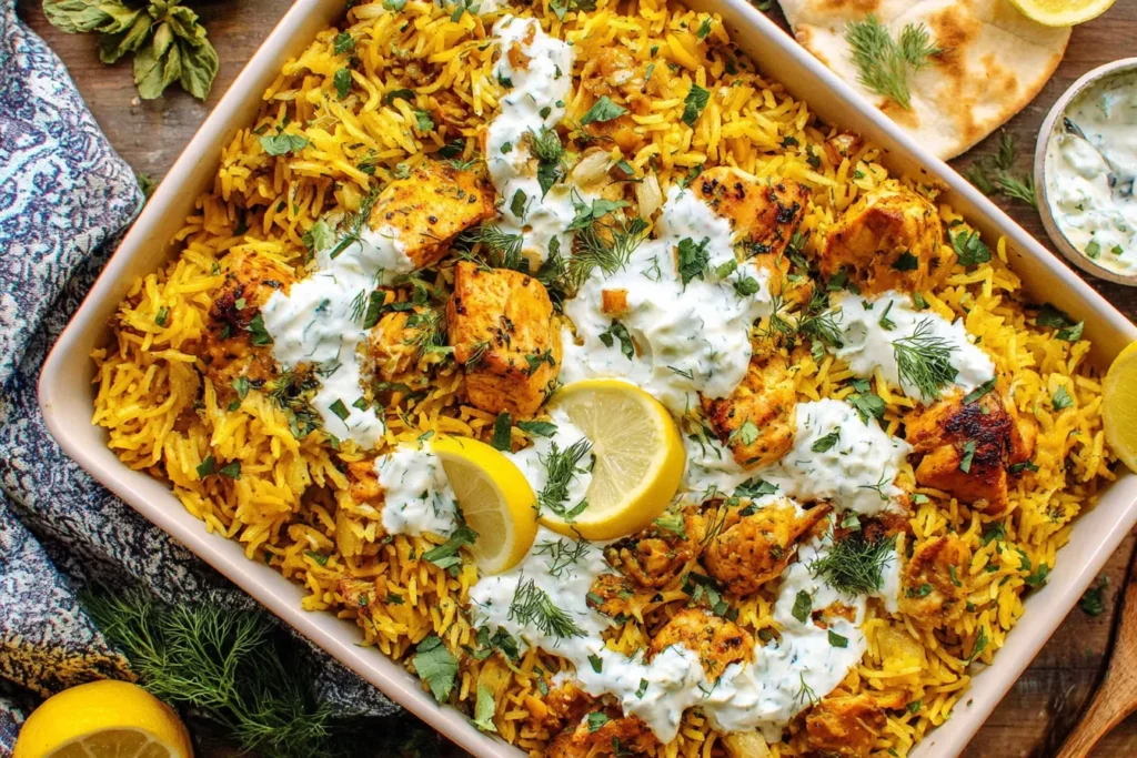 Dump-and-Bake Chicken Tzatziki with Rice baked in a casserole dish with golden rice, juicy chicken, tzatziki sauce, and fresh herbs