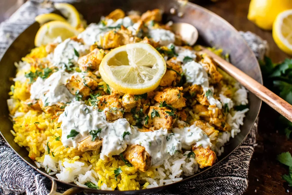Dump-and-Bake Chicken Tzatziki with Rice served in a bowl with seasoned chicken, fluffy rice, creamy tzatziki sauce, and fresh lemon